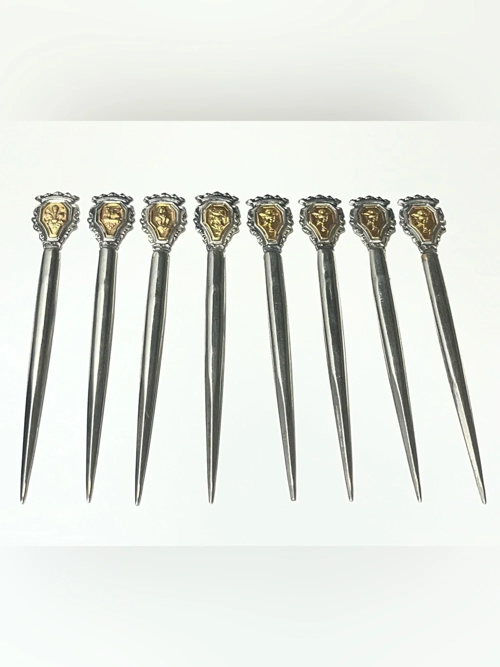 Vintage Silver and Gold-tone Cocktail Picks with Figure/Crest Inlays Set of 8
